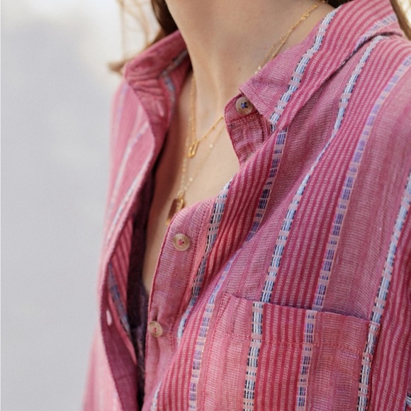 Anthropologie Pilcro The Bo Boyfriend Embroidered Buttondown Raspberry Pink Sz S - Picture 2 of 15